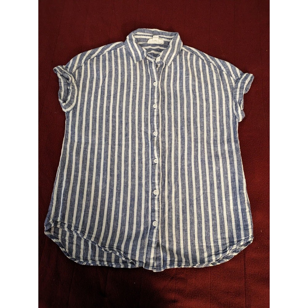 Beach Lunch Lounge Top Size XS Blue White Stripe cap sleeves Shirt button front